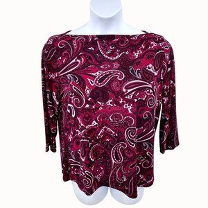 NWT JACLYN SMITH RED PINK PAISLEY PRINT 3/4 SLEEVE STRETCH TOP - XL